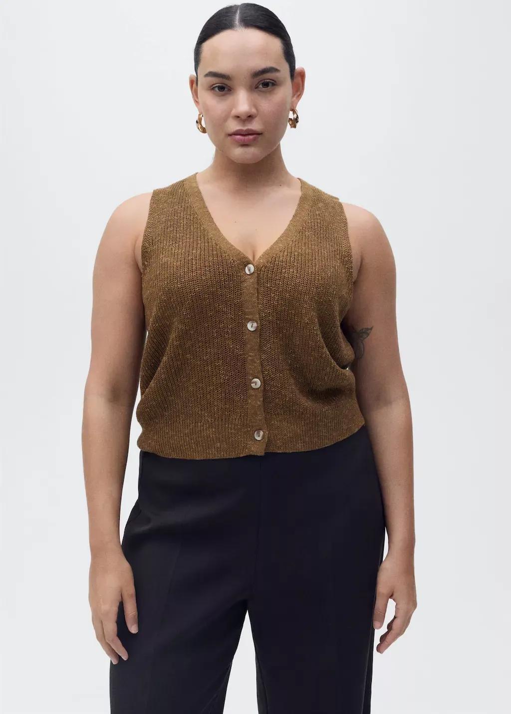 Brown Chunky-Knit Waistcoat With Buttons, , large image number 5