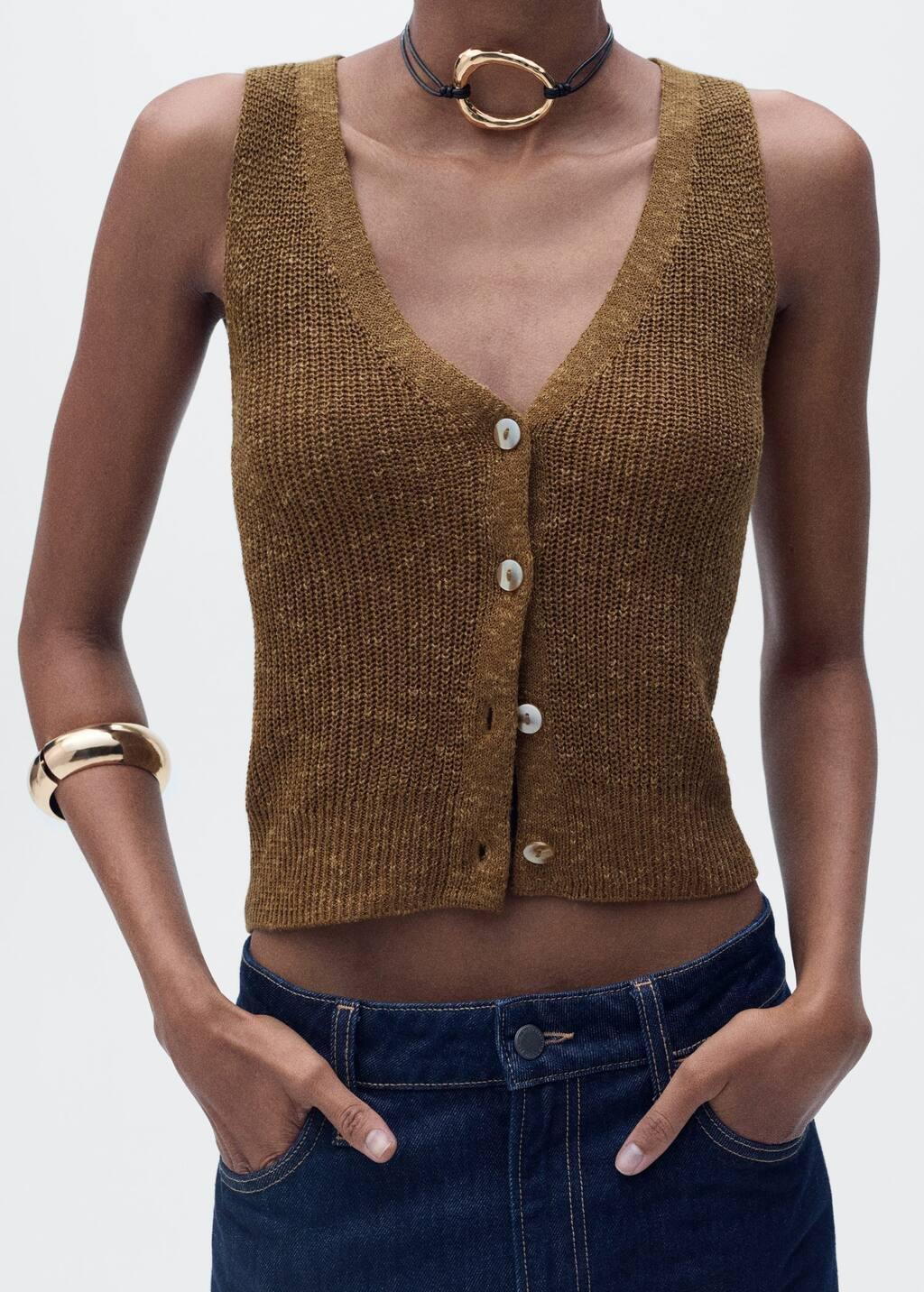 Brown Chunky-Knit Waistcoat With Buttons, , large image number 6