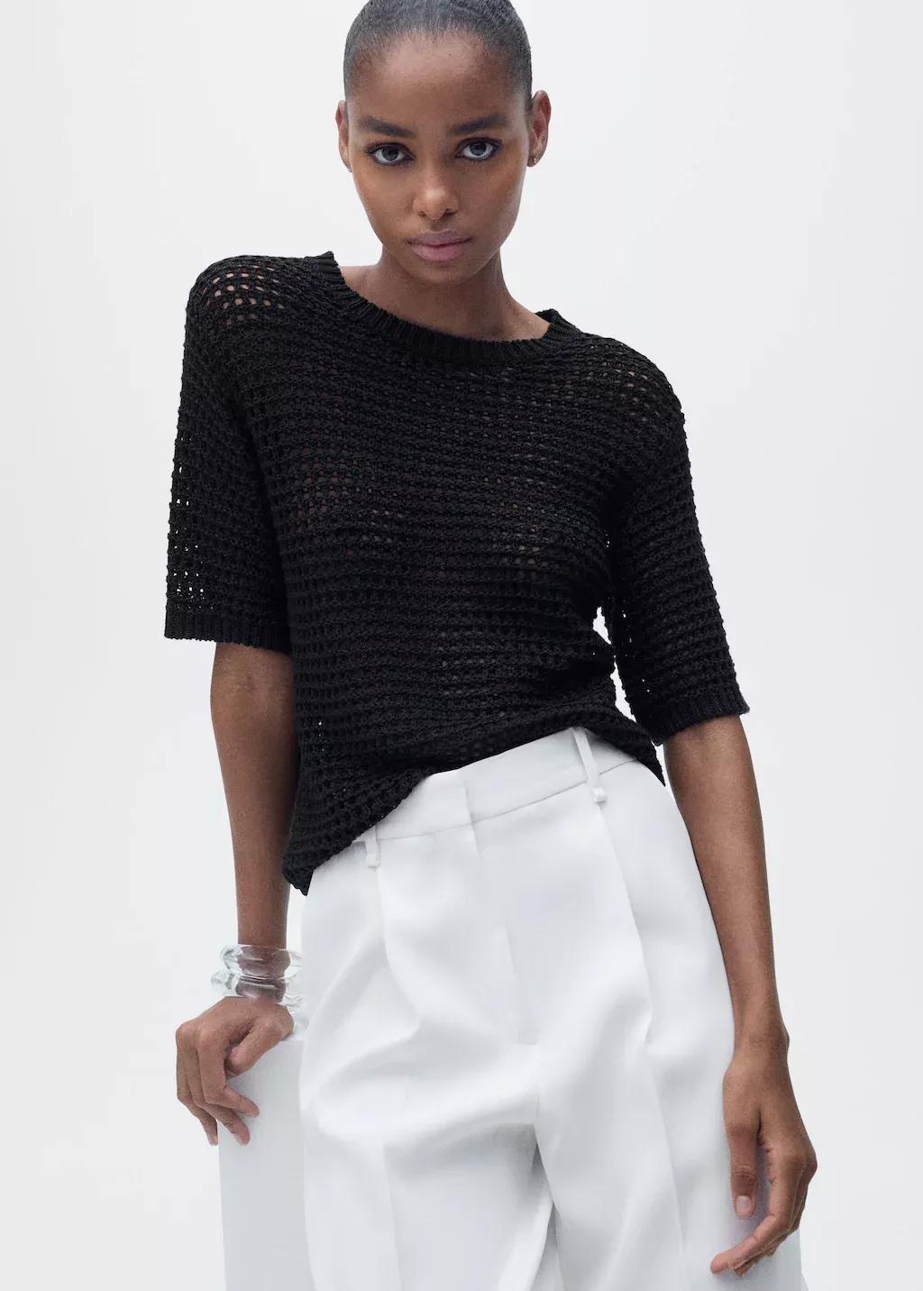 Black Short-Sleeved Crochet Sweater, , large image number 0