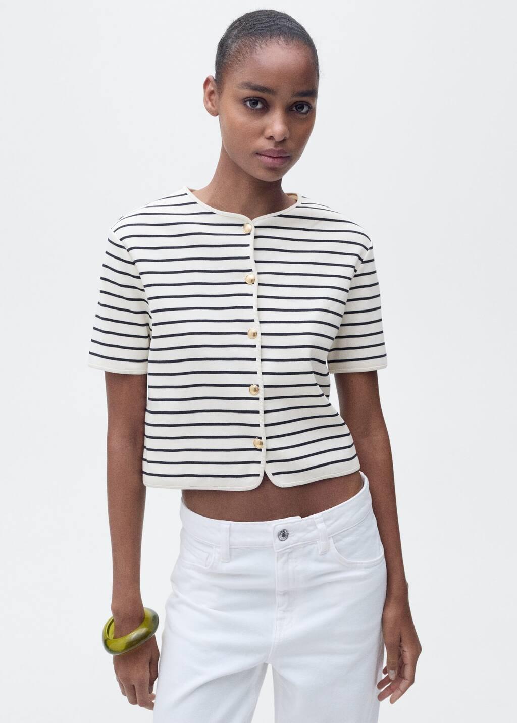 Navy Short Sleeve Striped Cardigan, , large image number 1