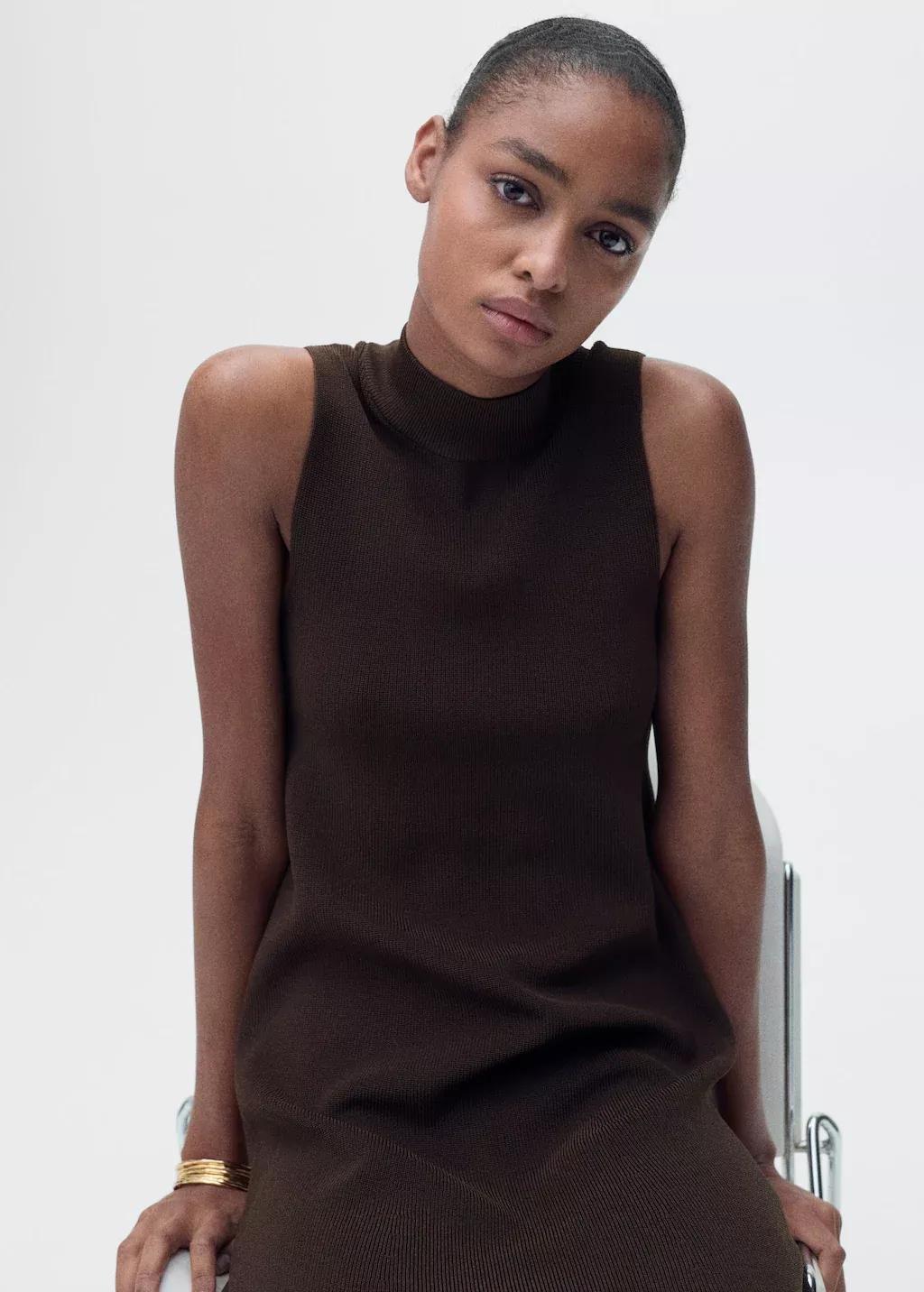 DARK BROWN Perkins-neck knitted dress, , large image number 0