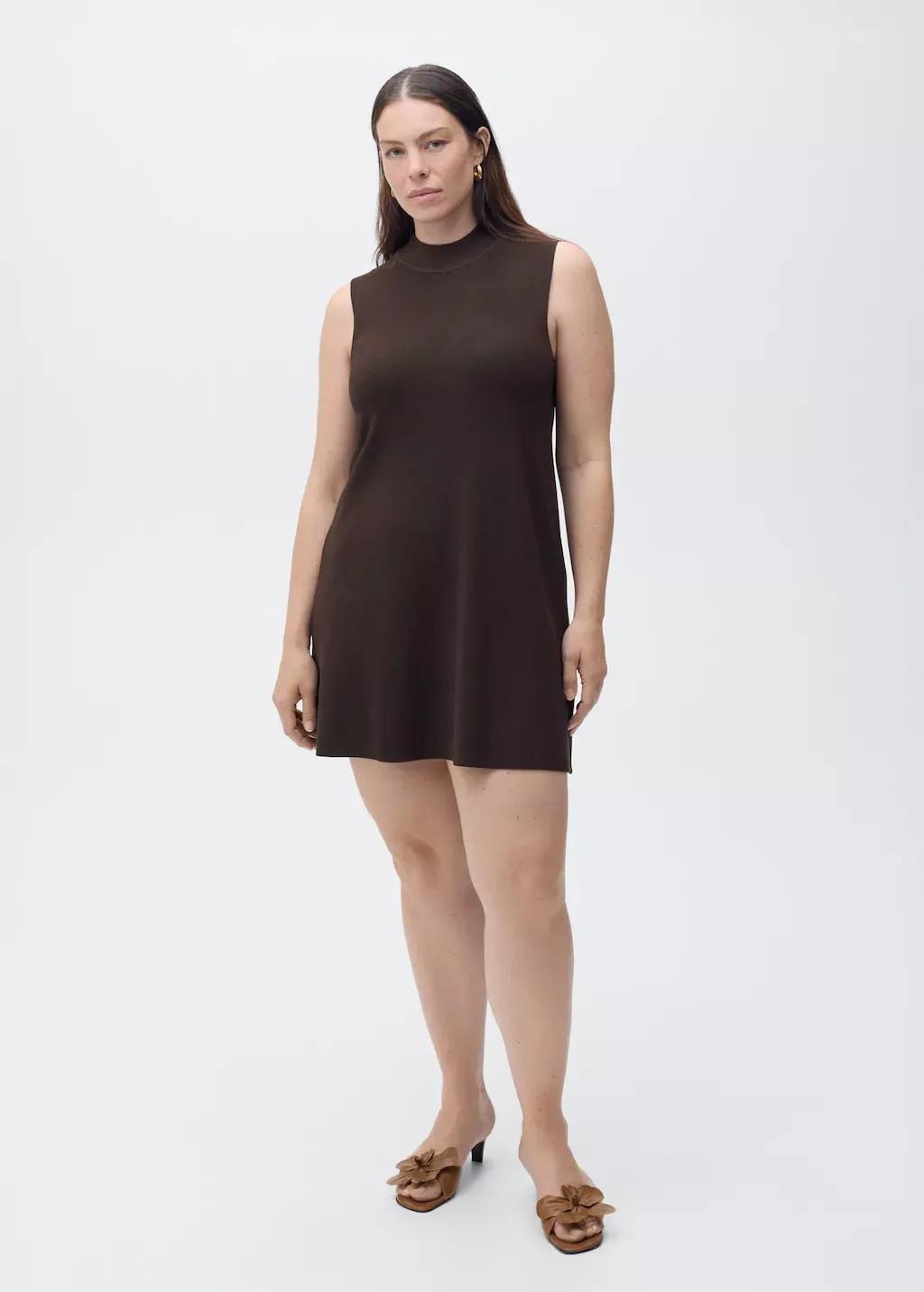 DARK BROWN Perkins-neck knitted dress, , large image number 2