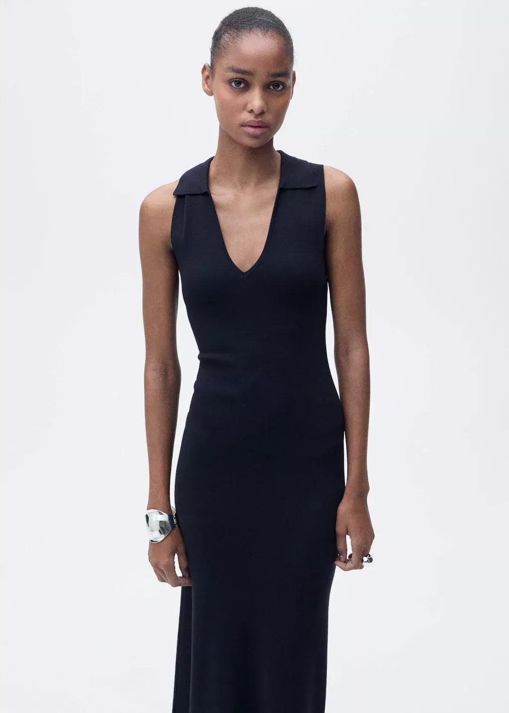 Navy Knitted Midi-Dress With Lapels, , large image number 0