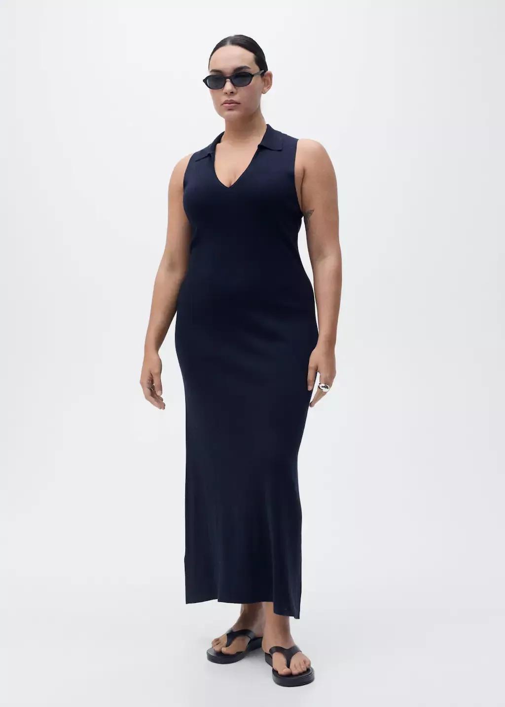 Navy Knitted Midi-Dress With Lapels, , large image number 4