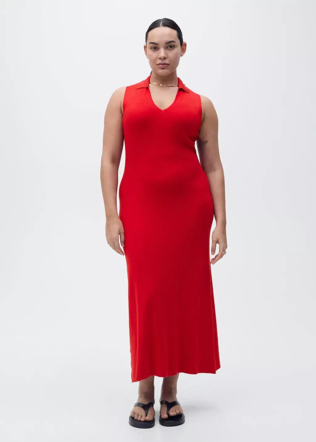 Red Knitted Midi-Dress With Lapels, , large image number 1