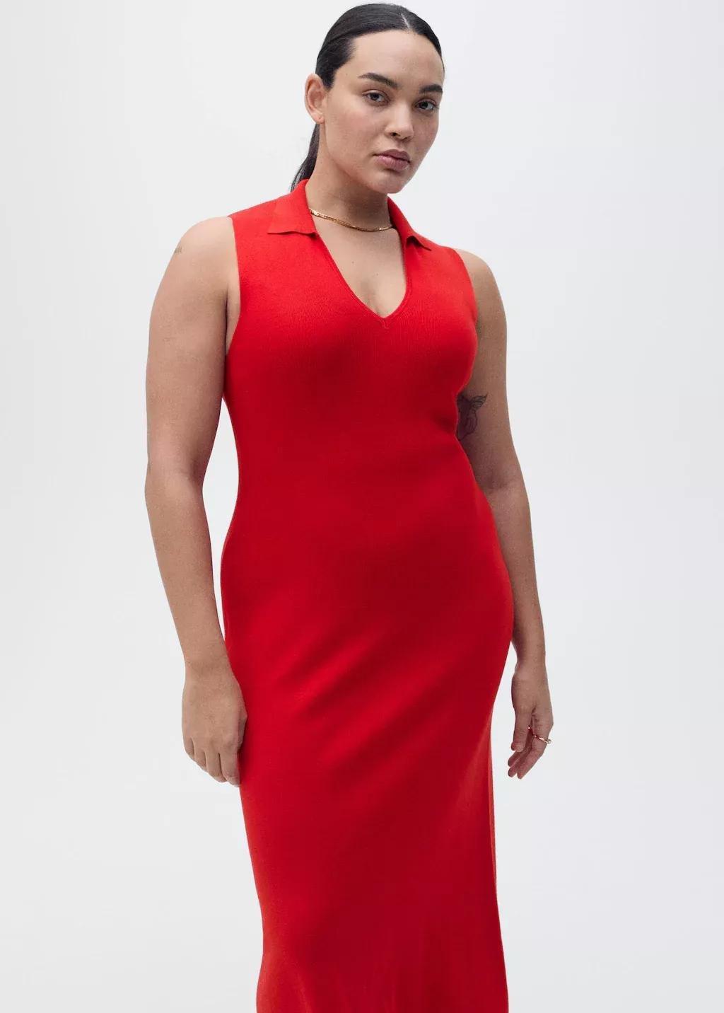 Red Knitted Midi-Dress With Lapels, , large image number 4