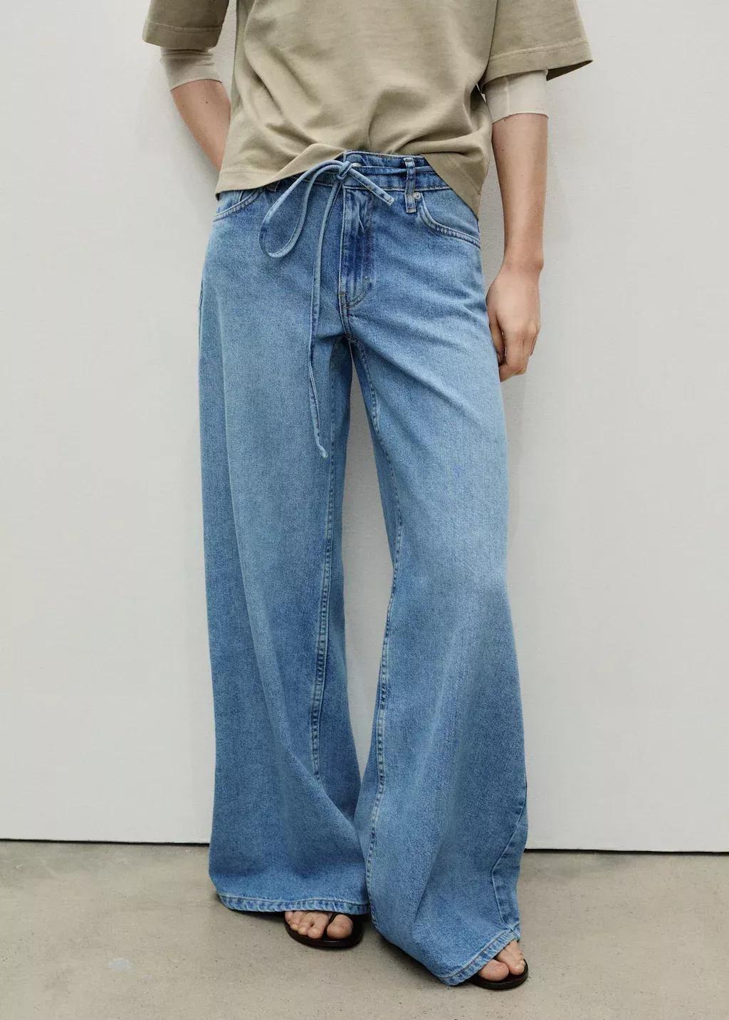 Blue Low-Rise Wideleg Jeans With Belt, , large image number 0