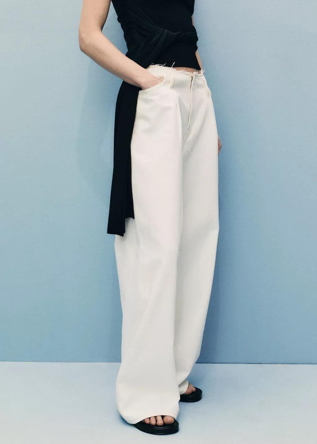 White Wideleg Denim Trousers With Frayed Waist, , large image number 0