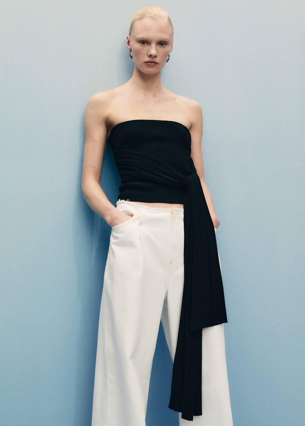 White Wideleg Denim Trousers With Frayed Waist, , large image number 1