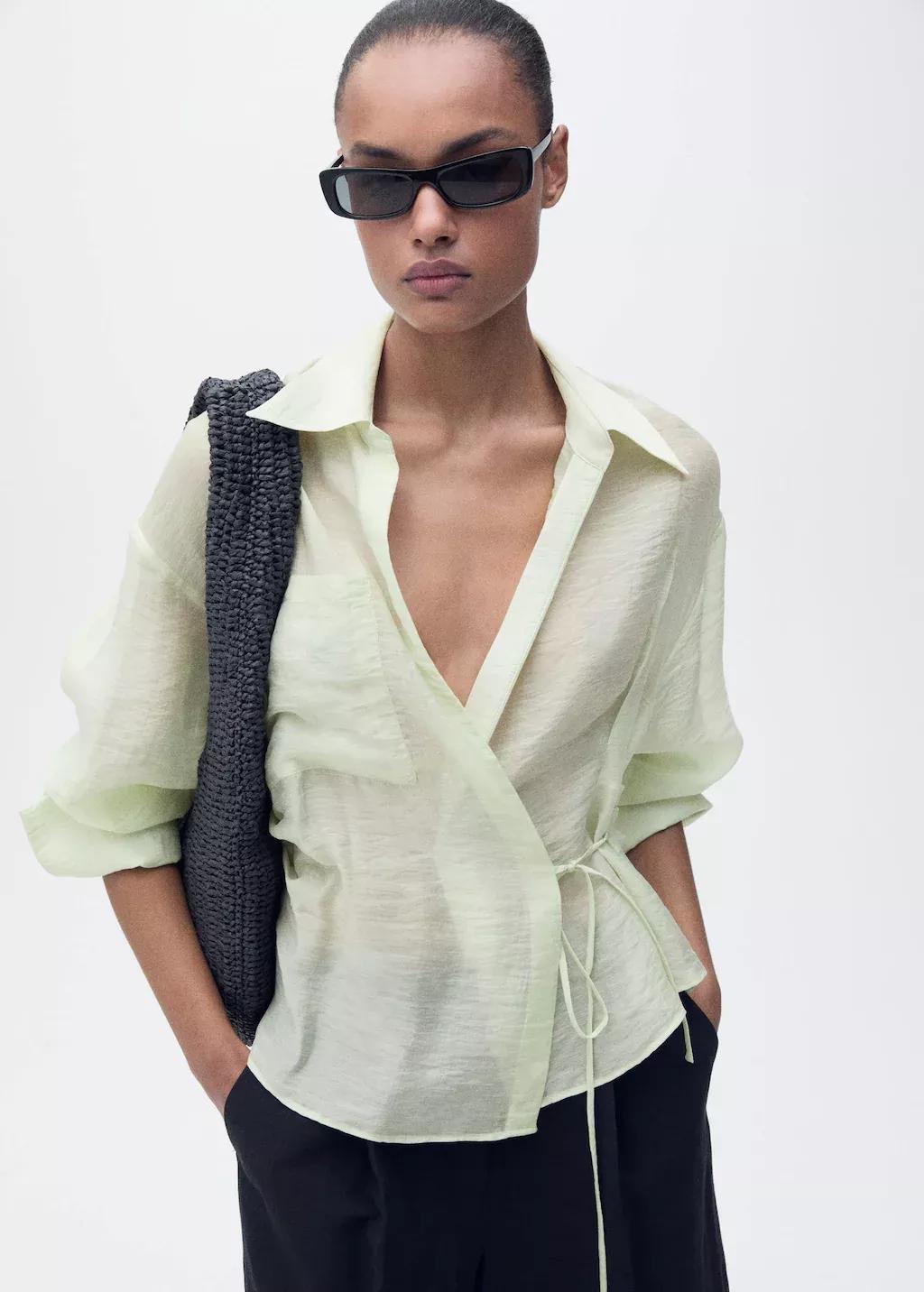 Turquoise Lyocell Wrap Shirt With Bow Closure, , medium