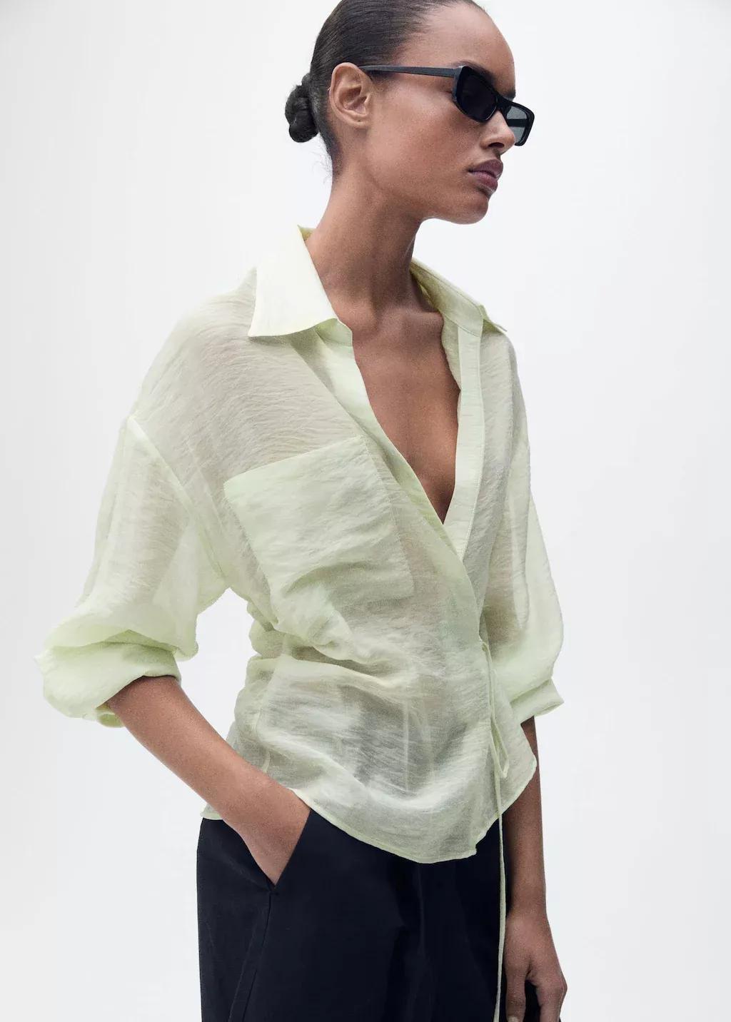 Turquoise Lyocell Wrap Shirt With Bow Closure, , large image number 2