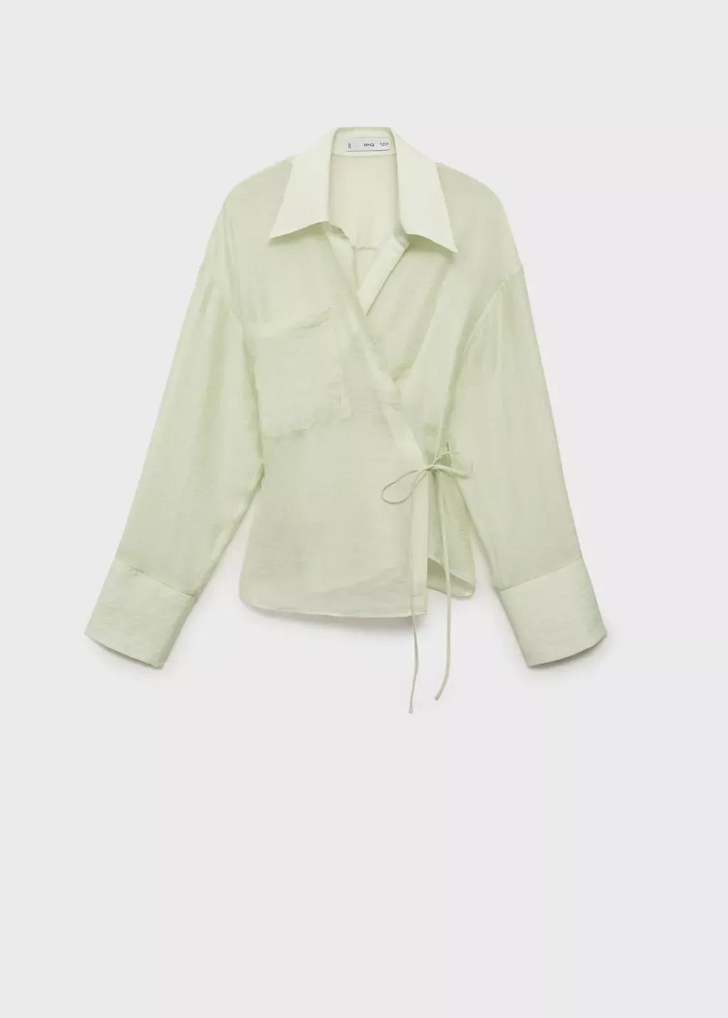Turquoise Lyocell Wrap Shirt With Bow Closure, , large image number 3