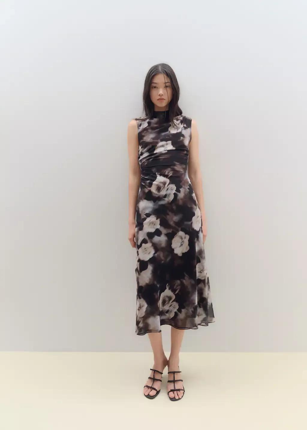 Brown Floral-Print Draped Dress, , large image number 3