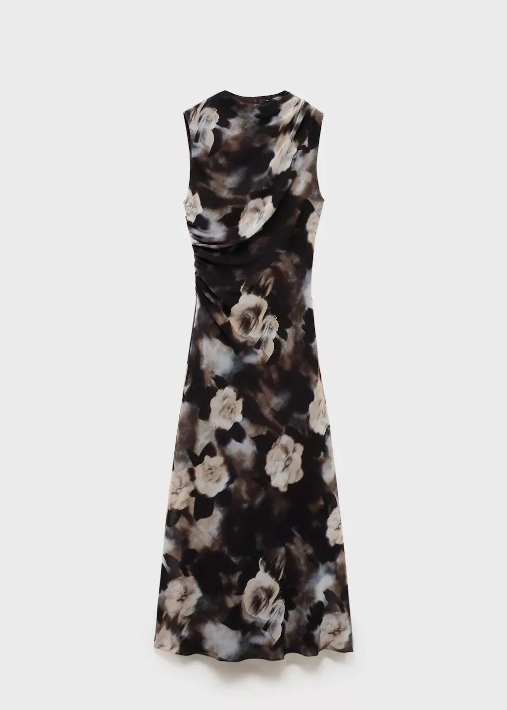 Brown Floral-Print Draped Dress, , large image number 4