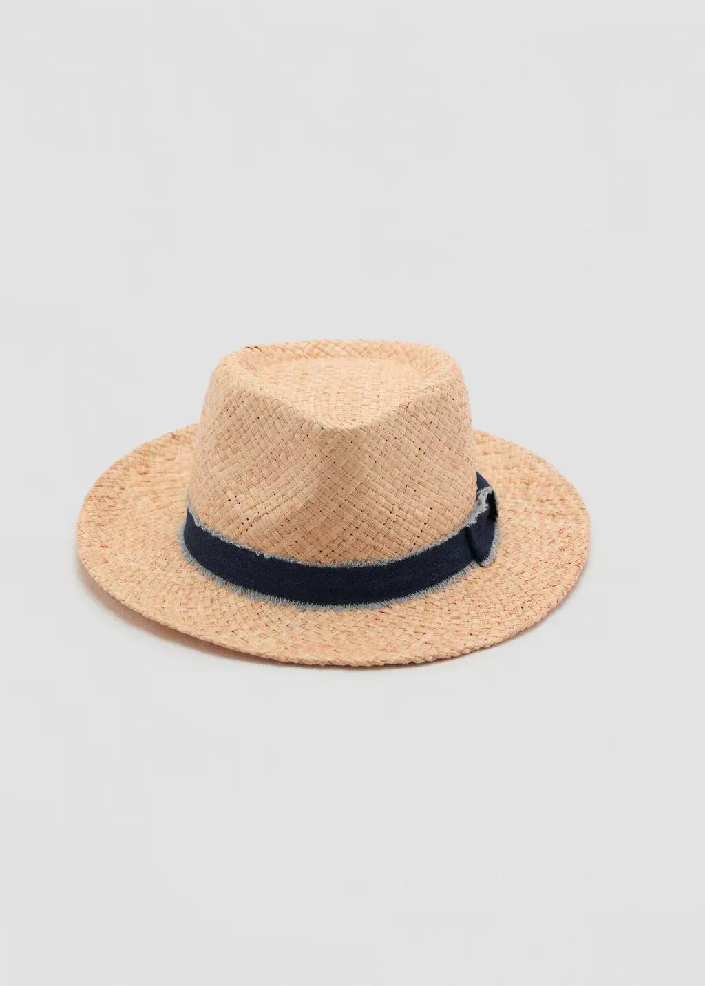 Beige Raffia Hat With Denim Bow, Light Beige, large image number 0