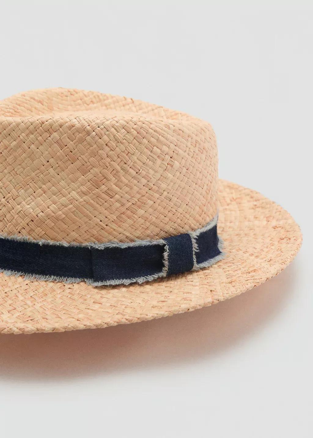 Beige Raffia Hat With Denim Bow, Light Beige, large image number 1