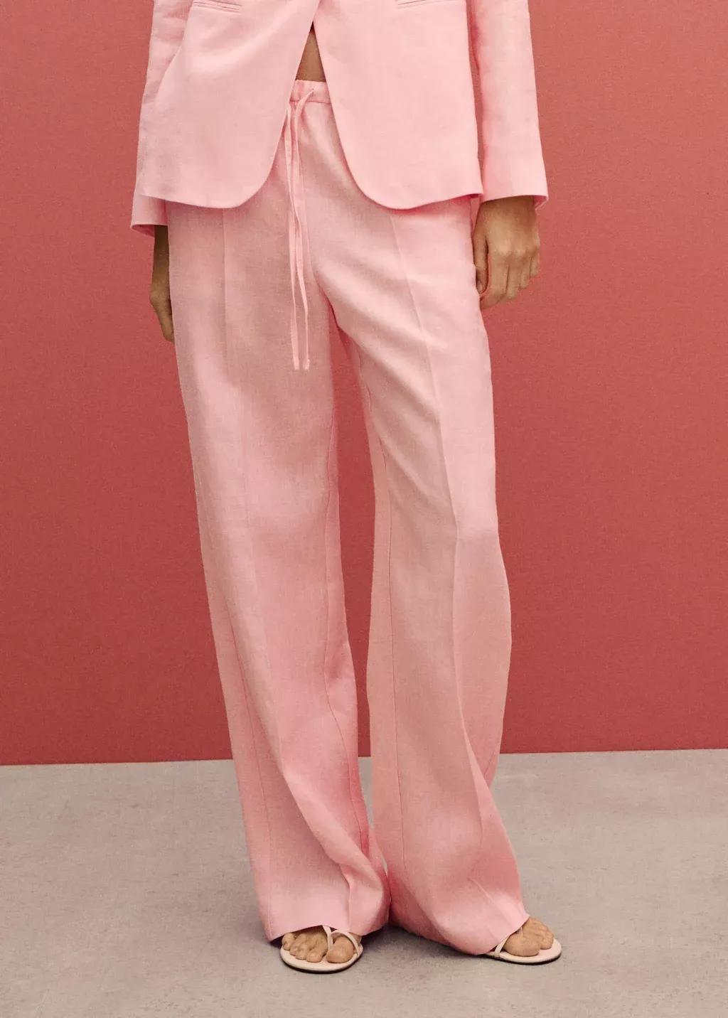 Pink Lt Pastel Straight-Fit Linen Trousers With Bow, , large image number 0