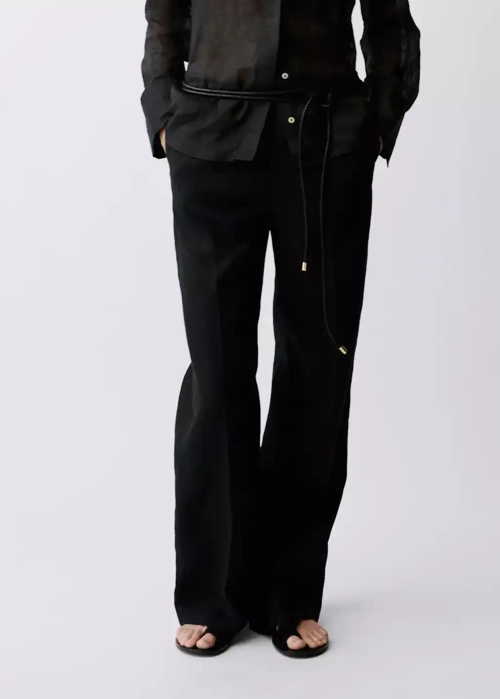 Black Straight-Fit Linen Trousers With Bow, , large image number 0