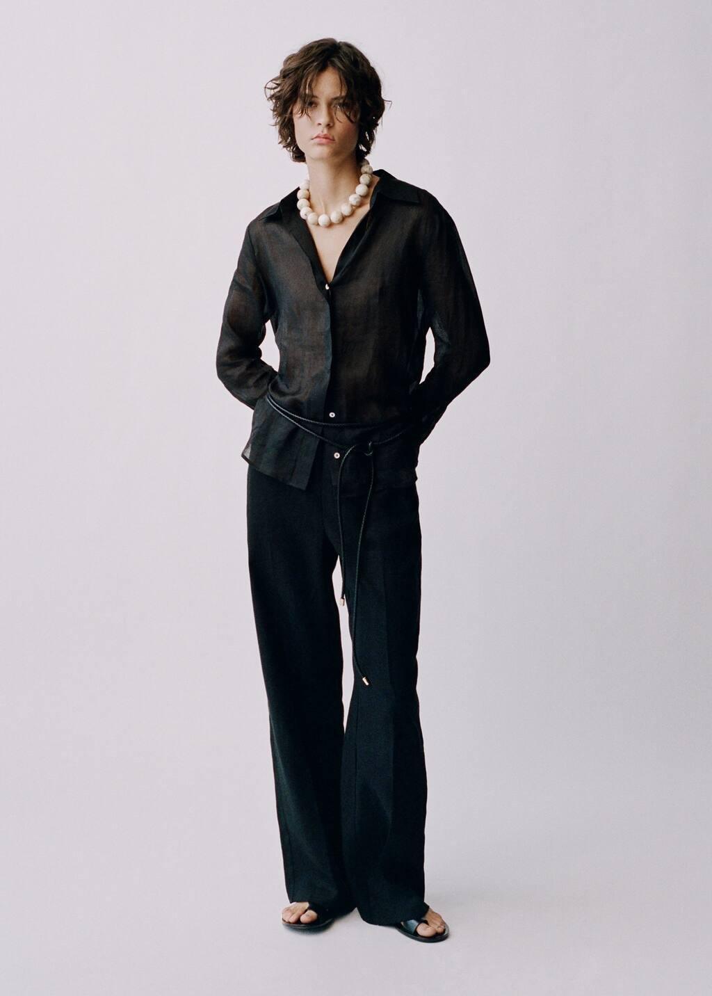 Black Straight-Fit Linen Trousers With Bow, , large image number 1