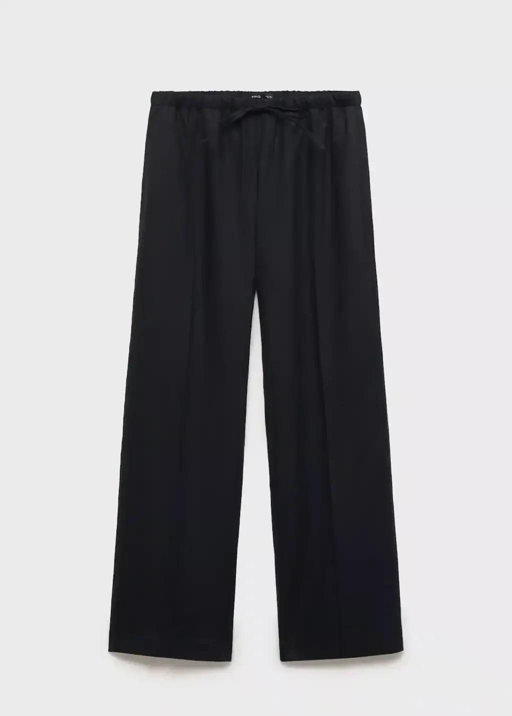 Black Straight-Fit Linen Trousers With Bow, , large image number 3