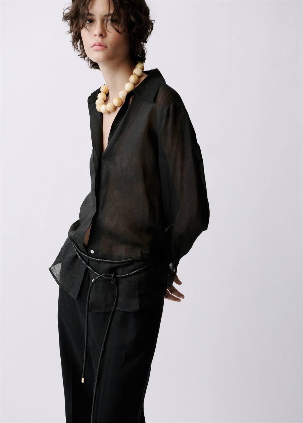 Black Straight-Fit Linen Trousers With Bow, , large image number 4