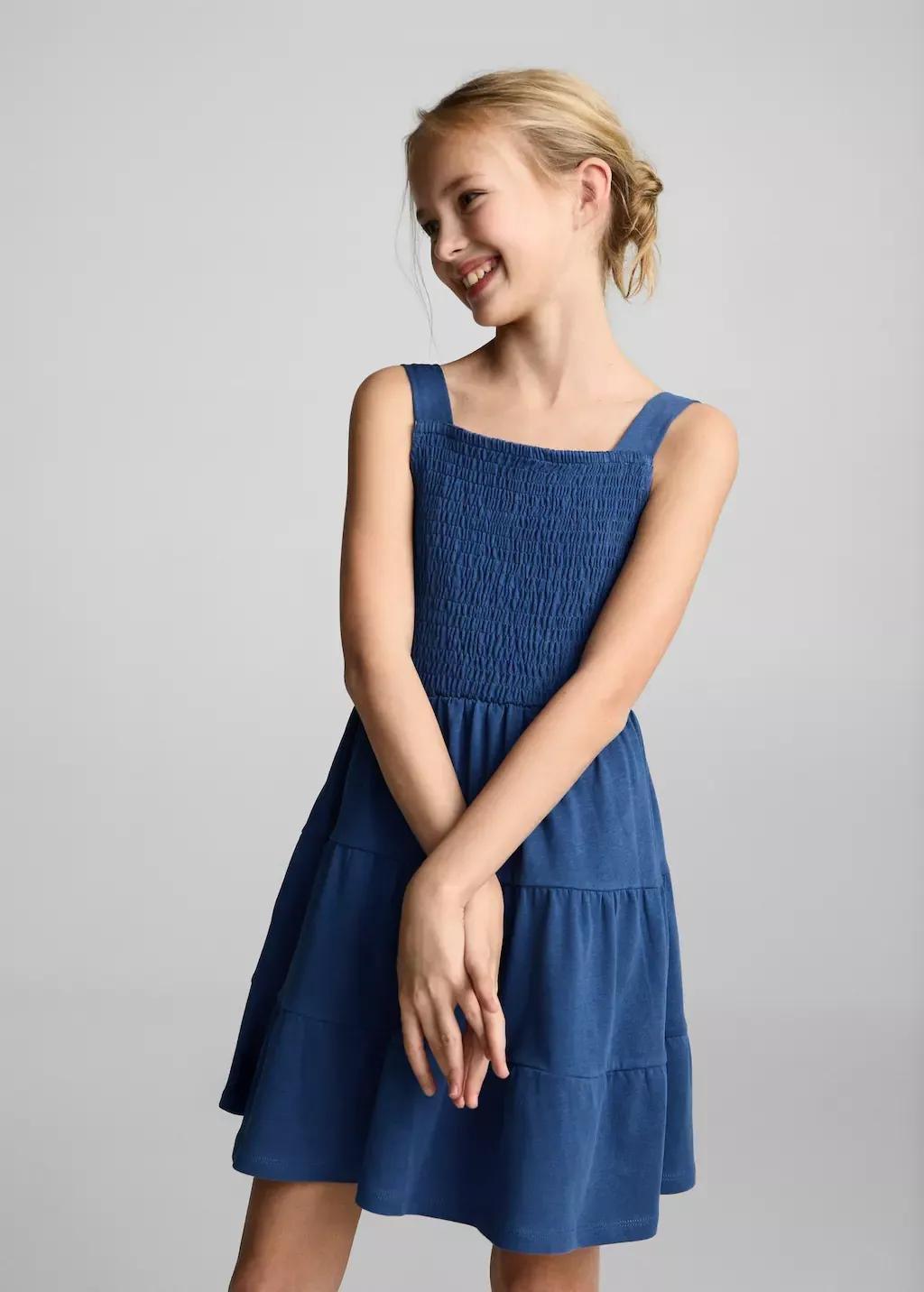 Blue Cotton Honeycomb Dress, Kids Girl, , large image number 0