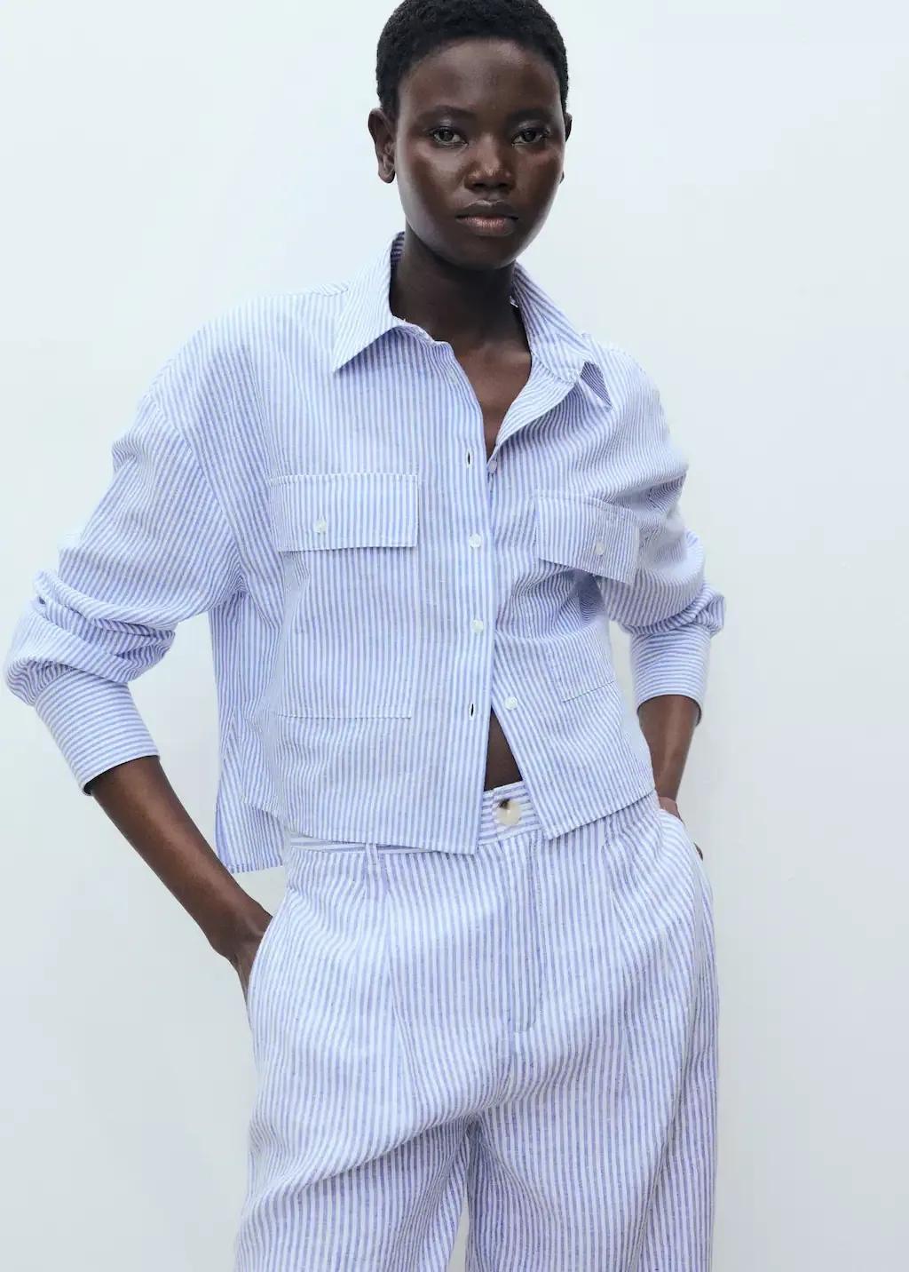 Bluestriped Cropped Shirt With Pockets, , large image number 0