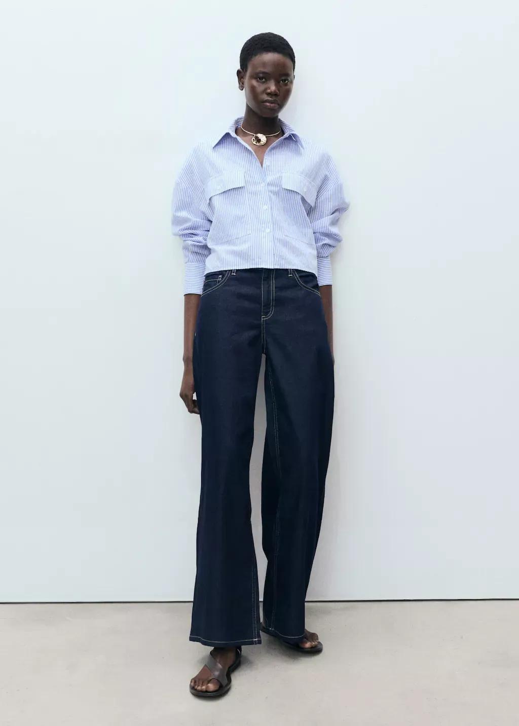 Bluestriped Cropped Shirt With Pockets, , large image number 2