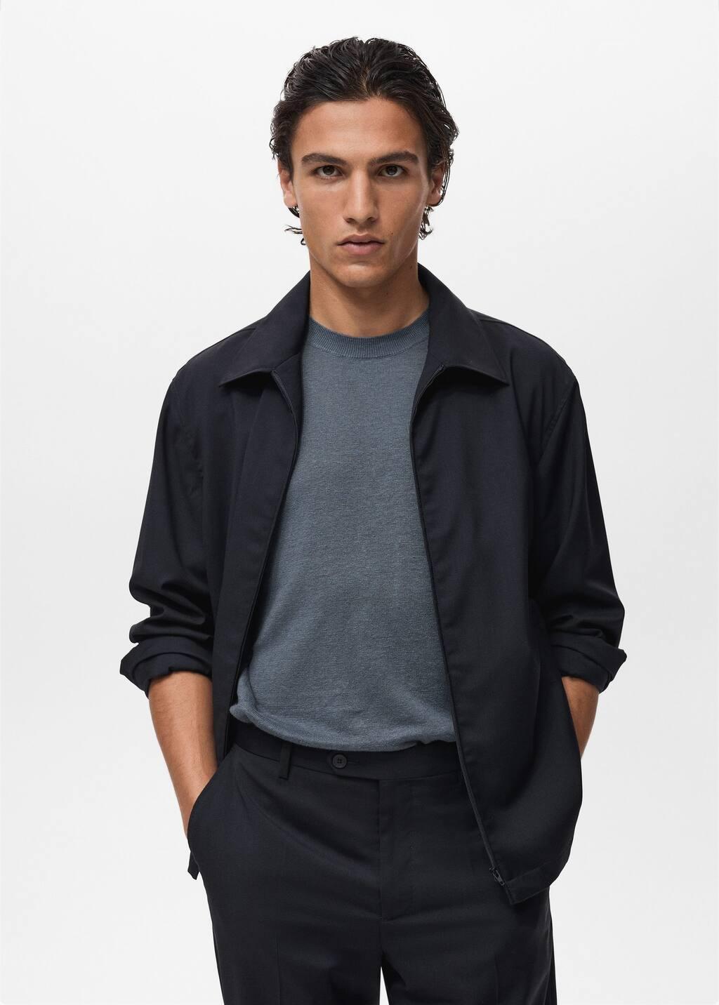 Navy Cold Wool Jacket With Shirt Collar, , large image number 0