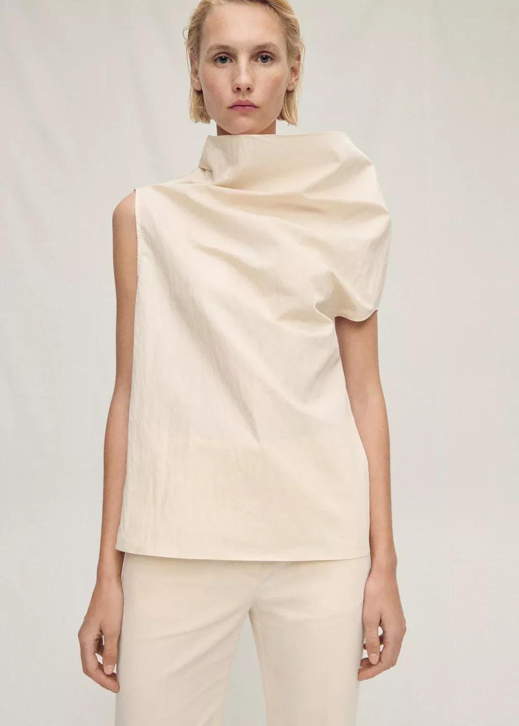 LIGHT BEIGE Cotton blouse with asymmetrical collar, , large image number 6