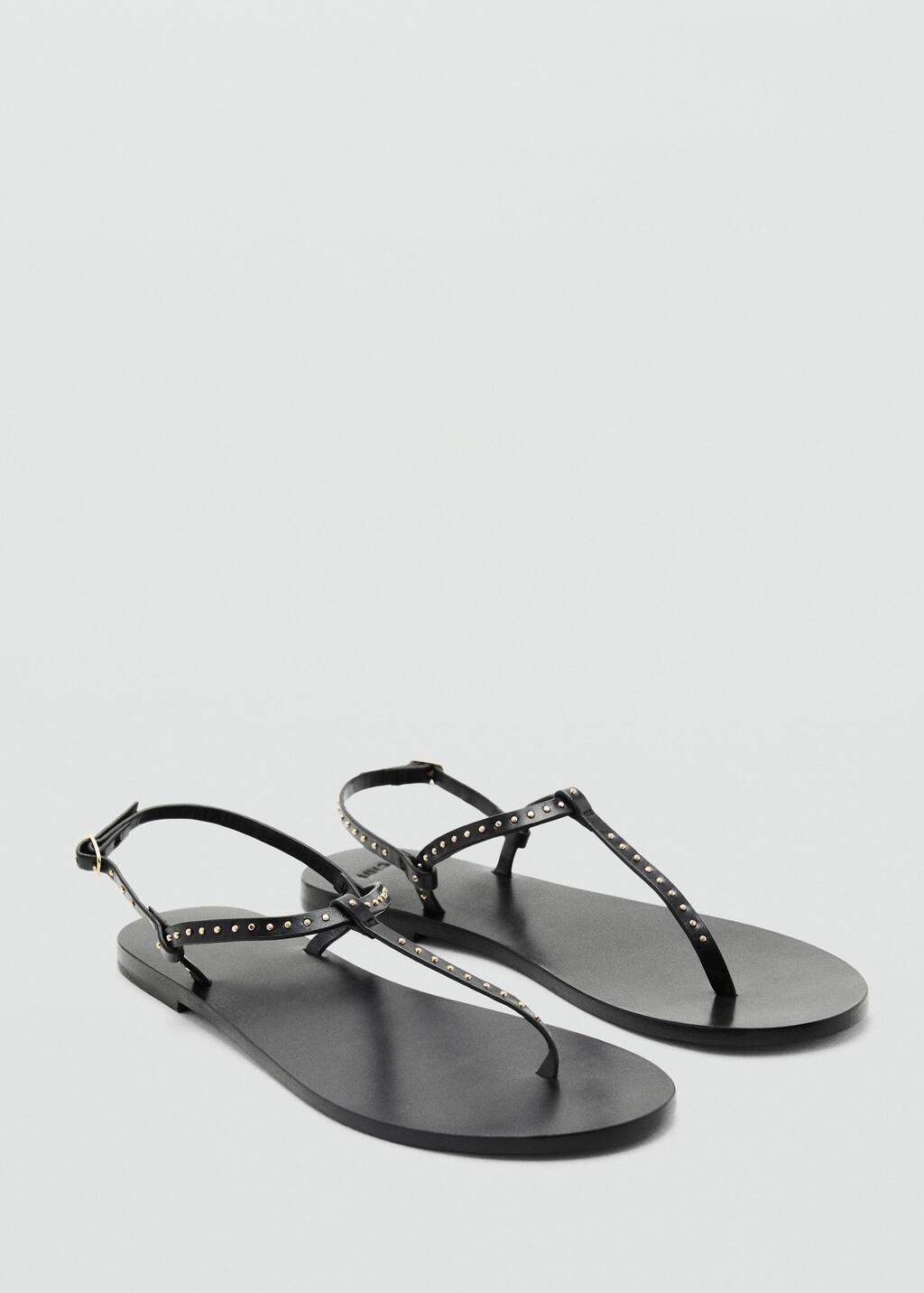 BLACK Leather sandals with mini studs, Black, medium