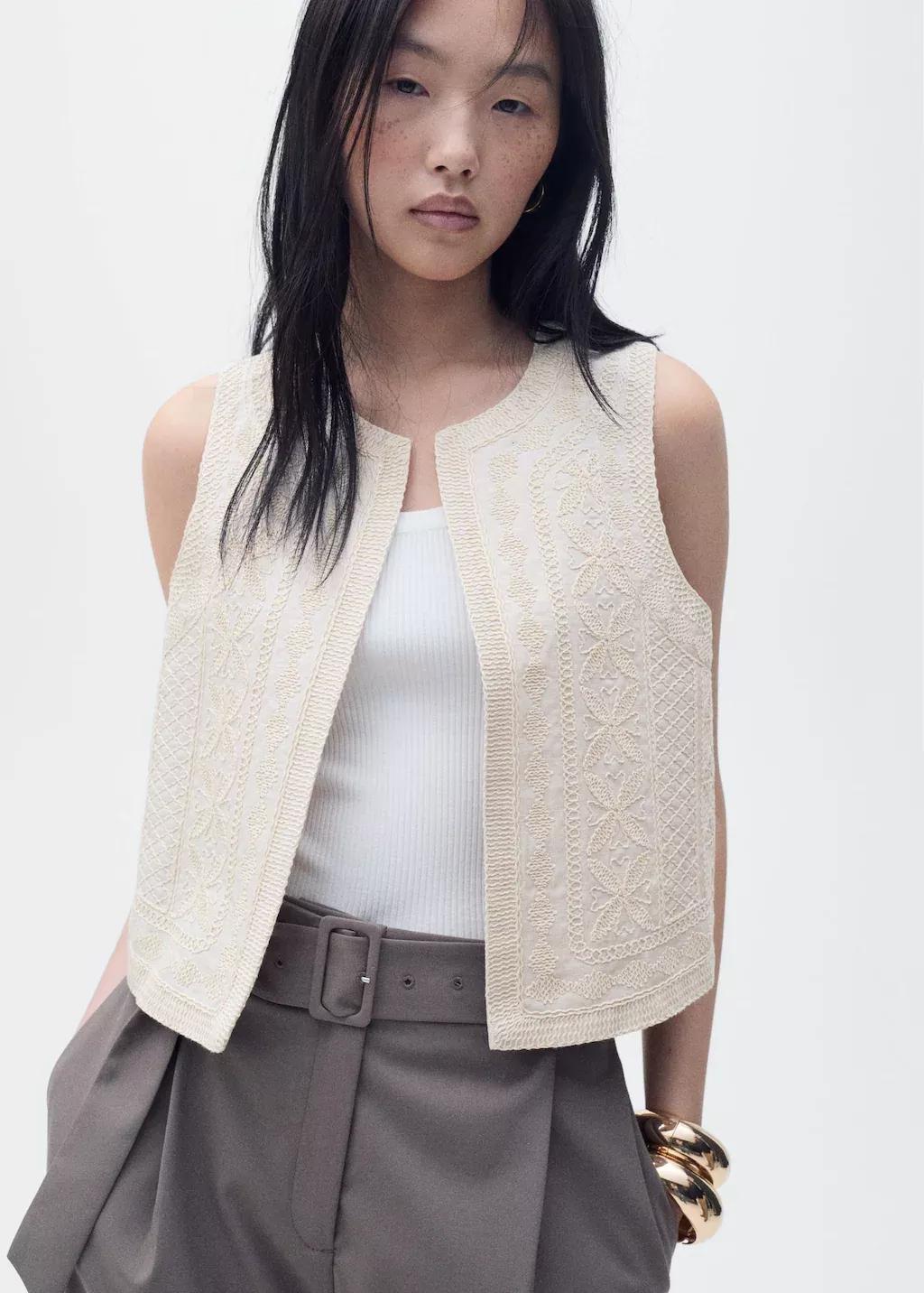 Beige Embroidered Linen Waistcoat, , large image number 0