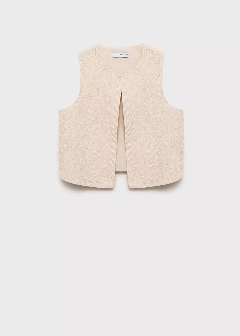 Beige Embroidered Linen Waistcoat, , large image number 3