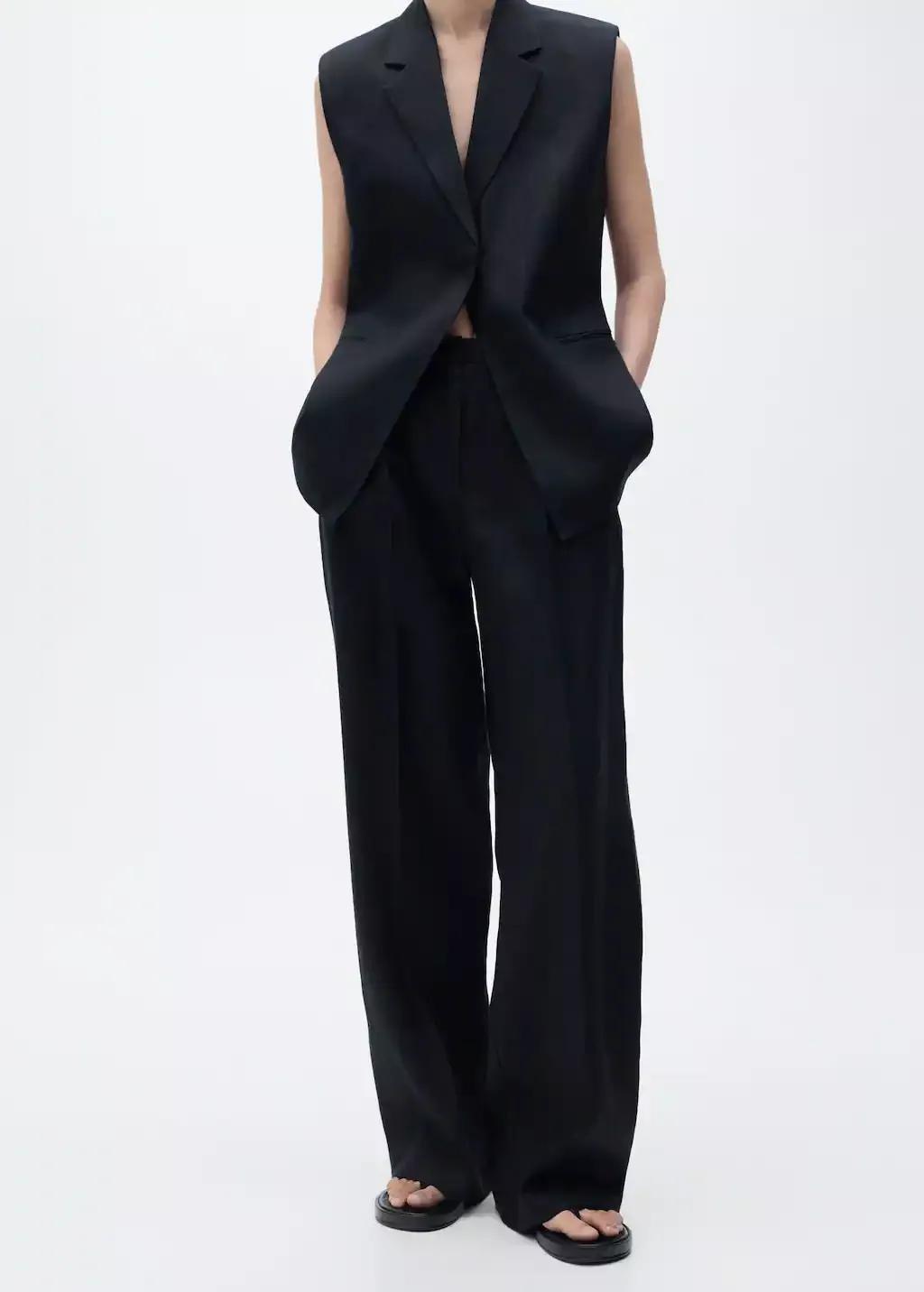 Black Straight-Fit Linen Suit Trousers, , large image number 0
