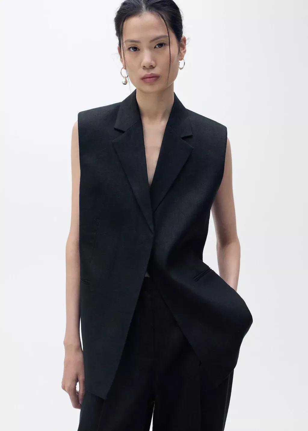 Black Straight-Fit Linen Suit Trousers, , large image number 1