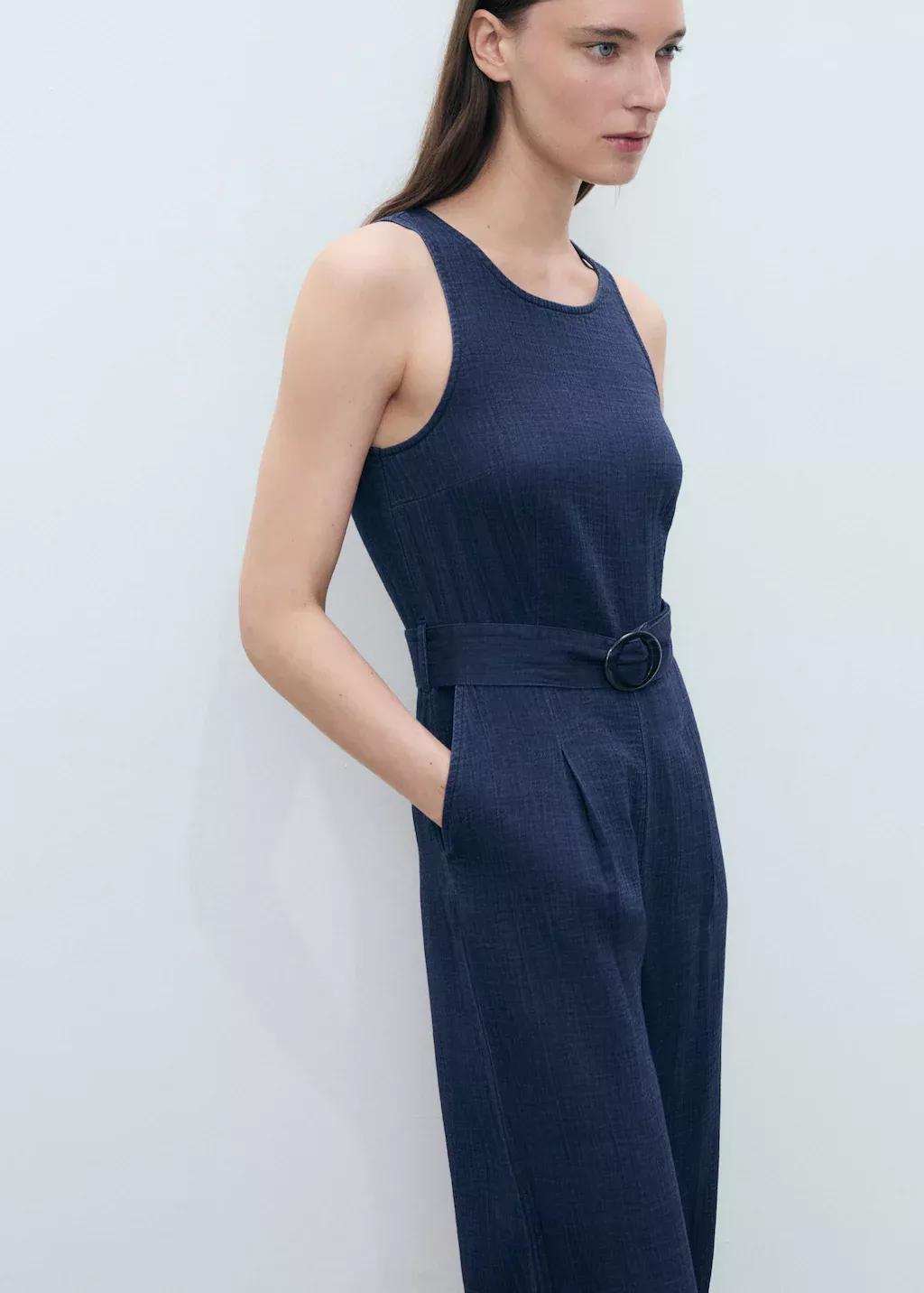 Blue Fluid Denim Jumpsuit With Belt, , large image number 0