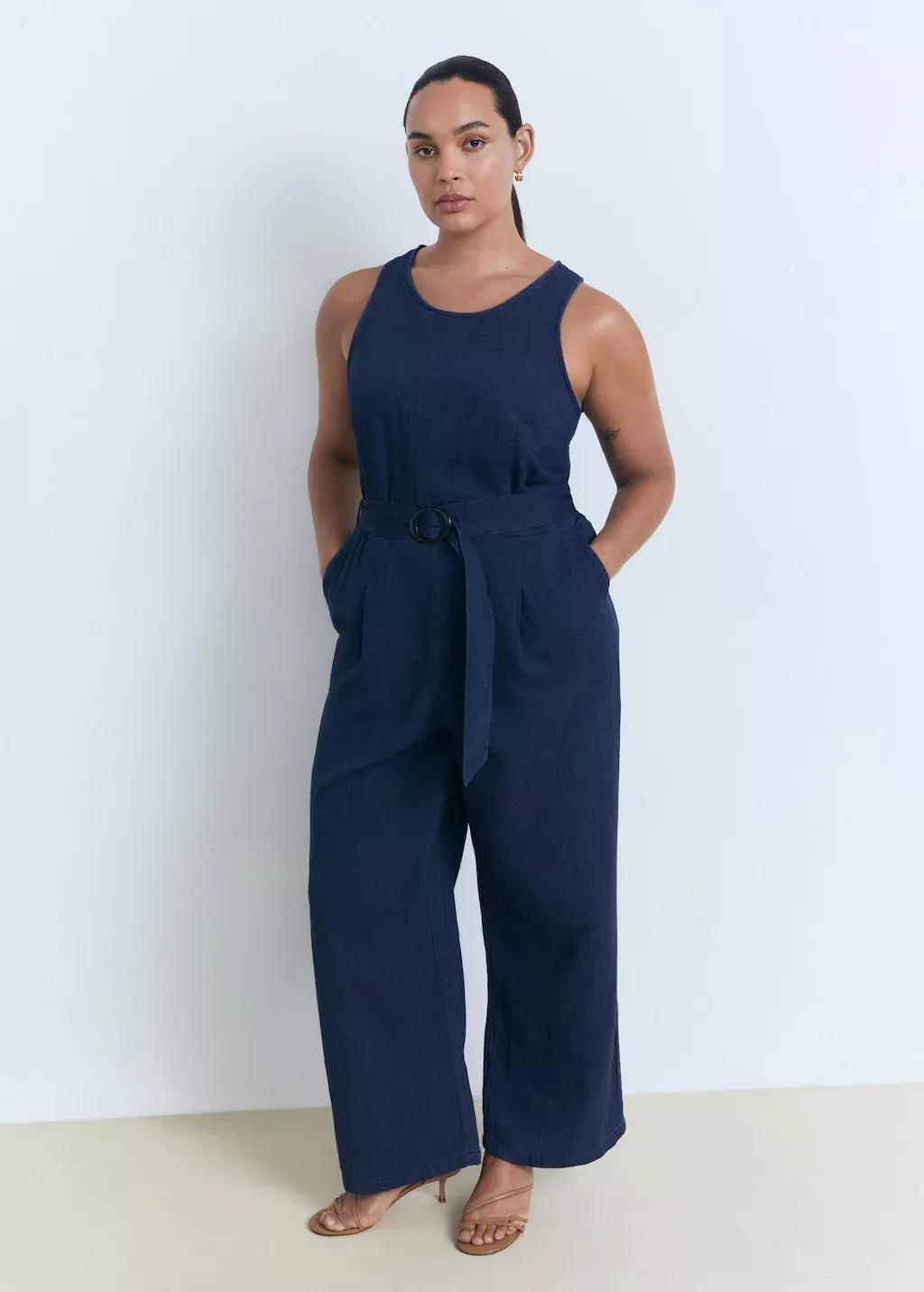 Blue Fluid Denim Jumpsuit With Belt, , large image number 3