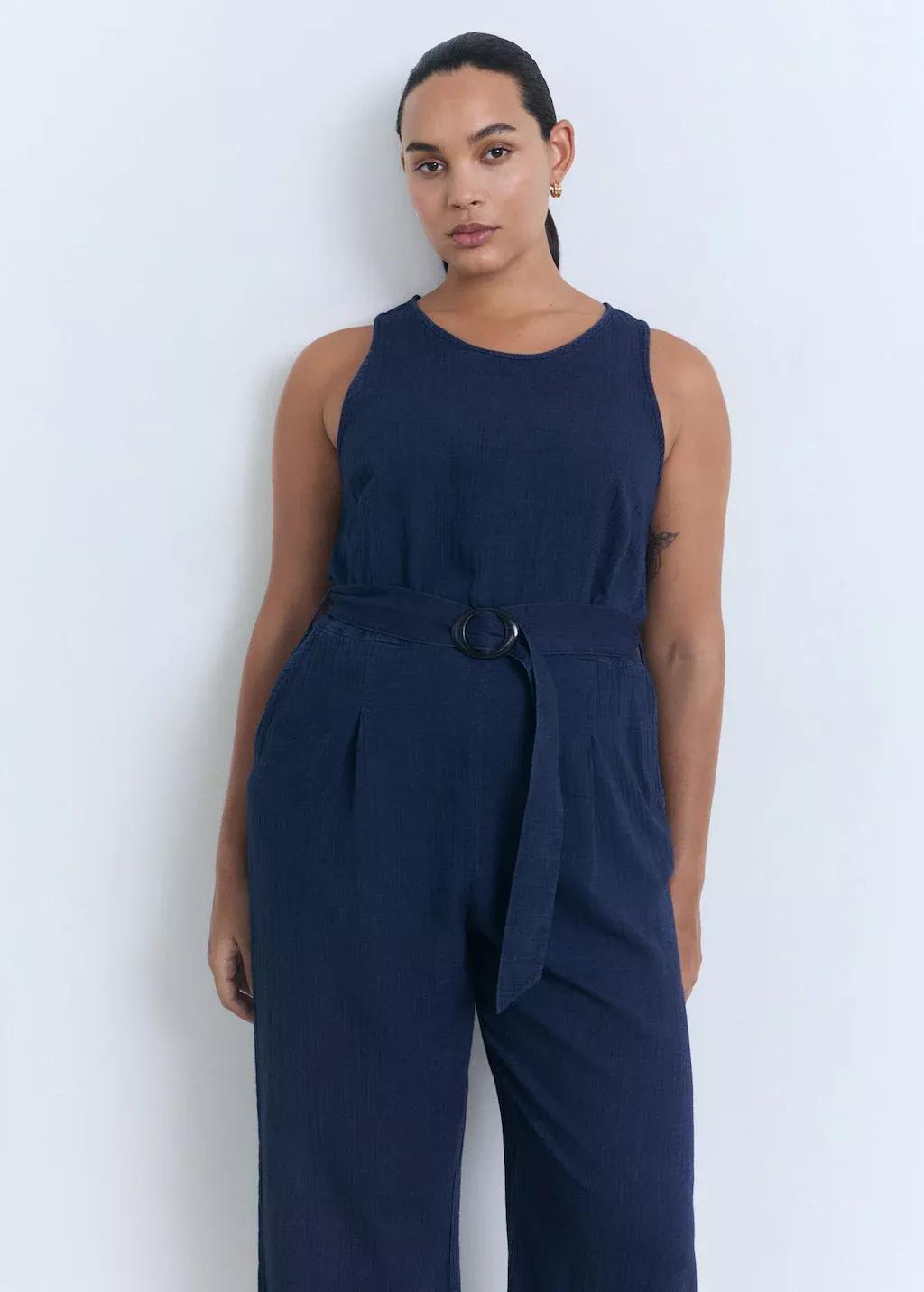 Blue Fluid Denim Jumpsuit With Belt, , large image number 7
