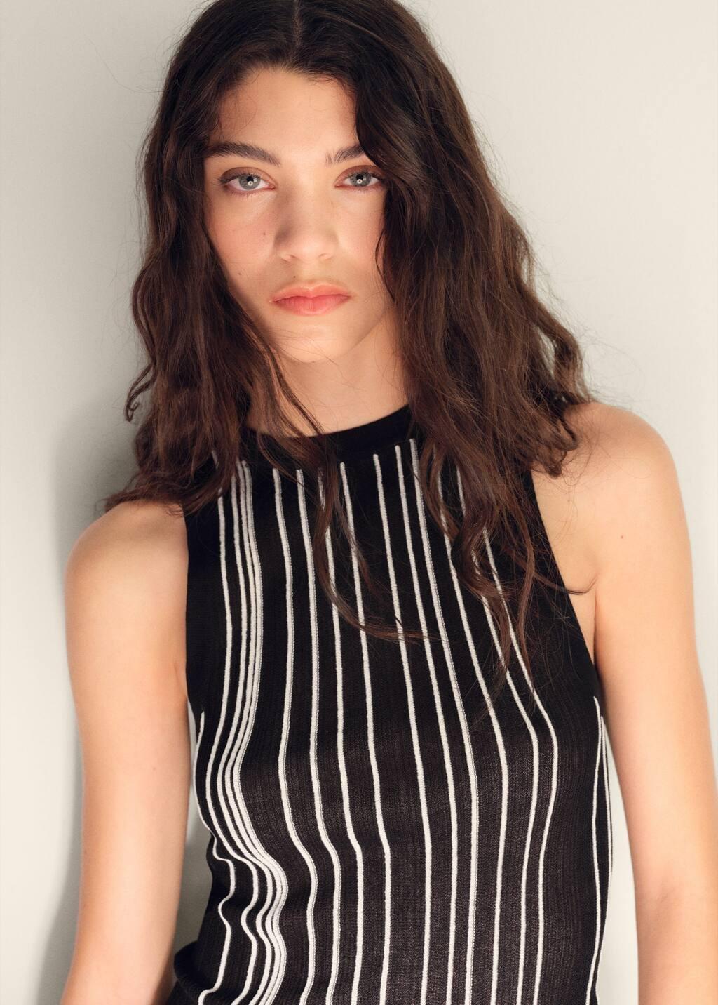 Black Striped Halter-Neck Knitted Top, , large image number 1