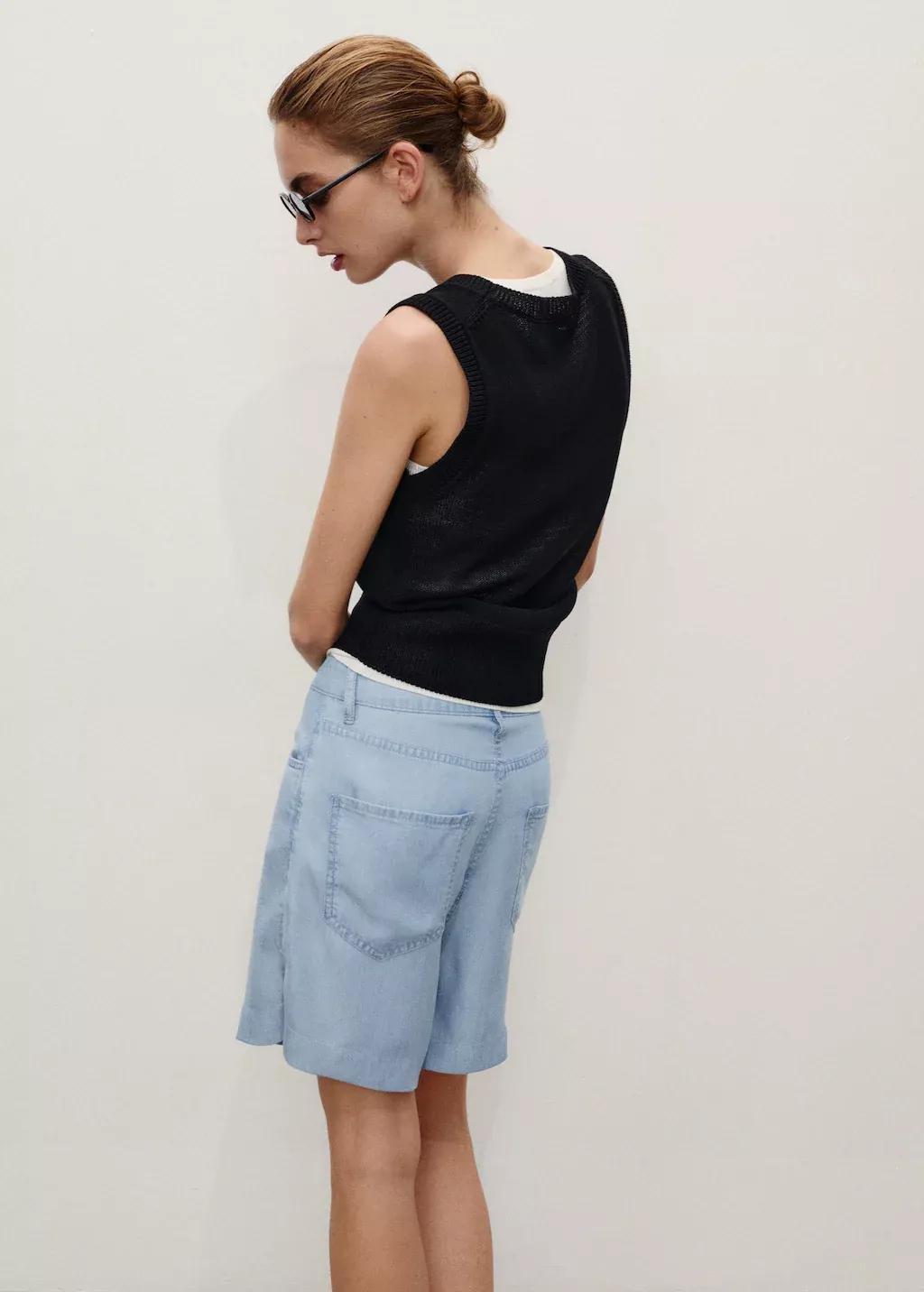 Blue Straight Lyocell Bermuda Shorts, , large image number 4