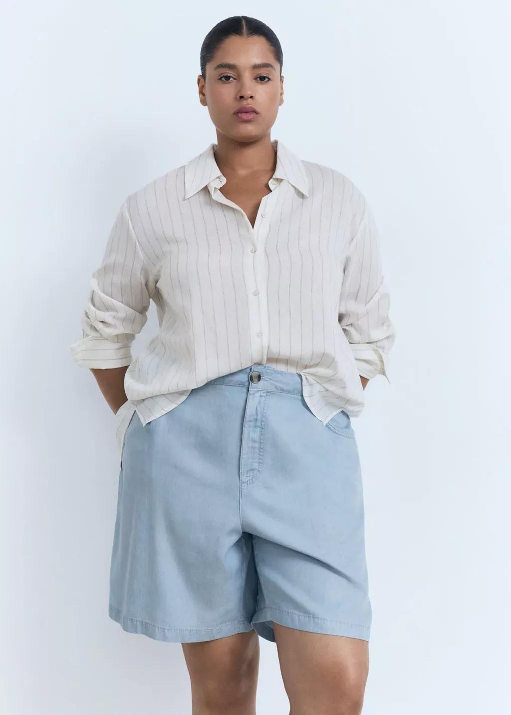 Blue Straight Lyocell Bermuda Shorts, , large image number 7