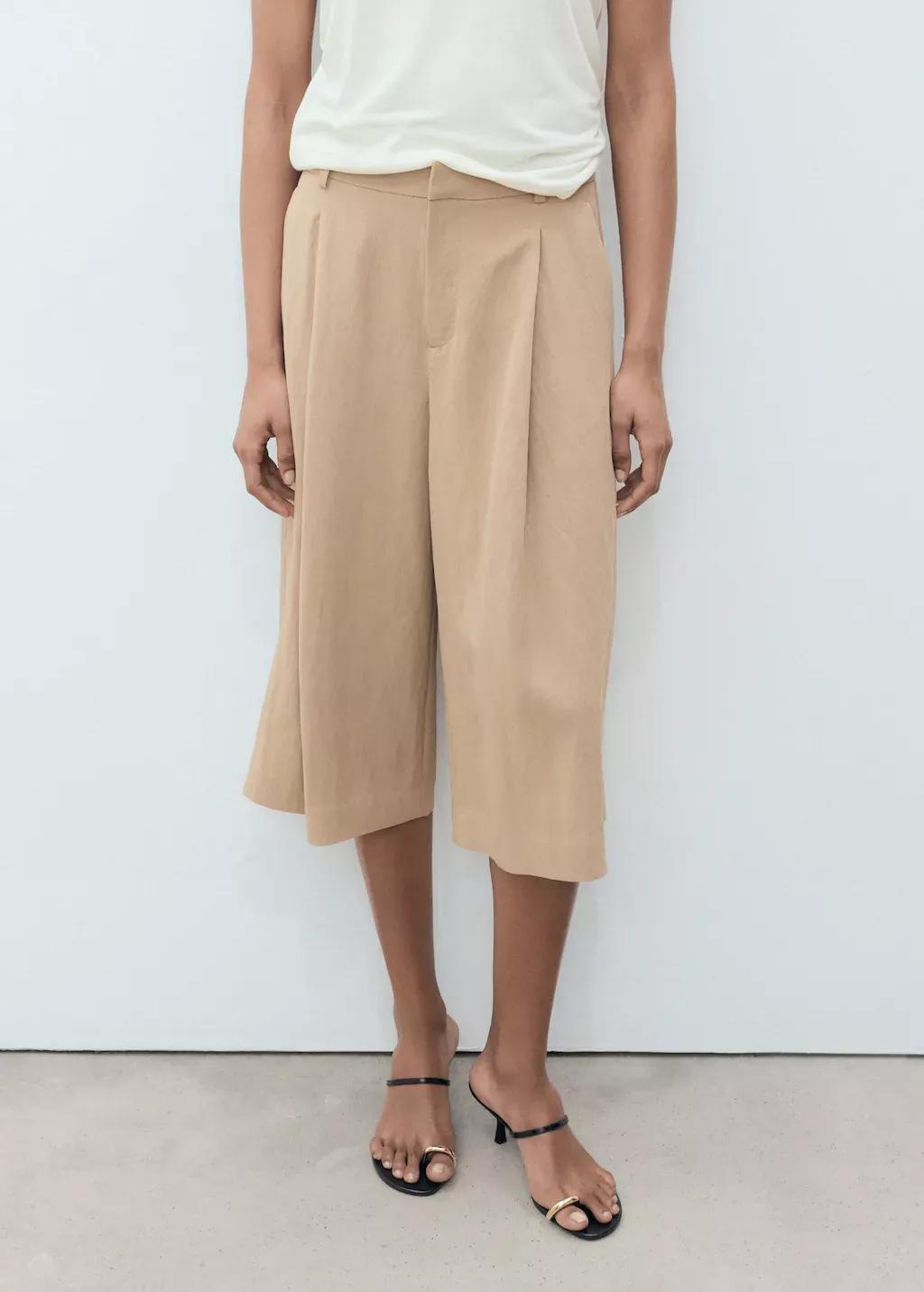 Beige Lyocell Pleated Bermuda Shorts, , large image number 1