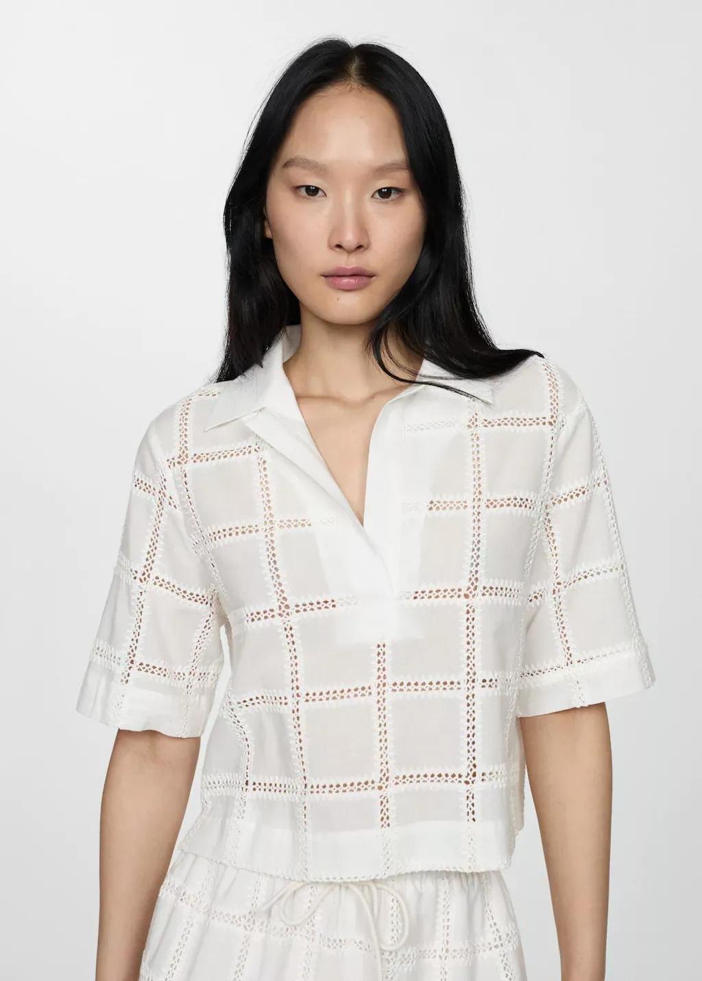 White Embroidered Polo-Neck Blouse, , large image number 0