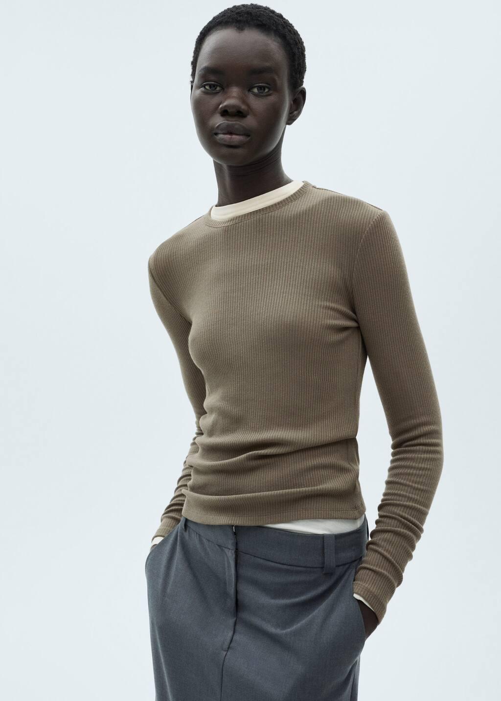 Khaki Ribbed Long-Sleeved T-Shirt, , large image number 0