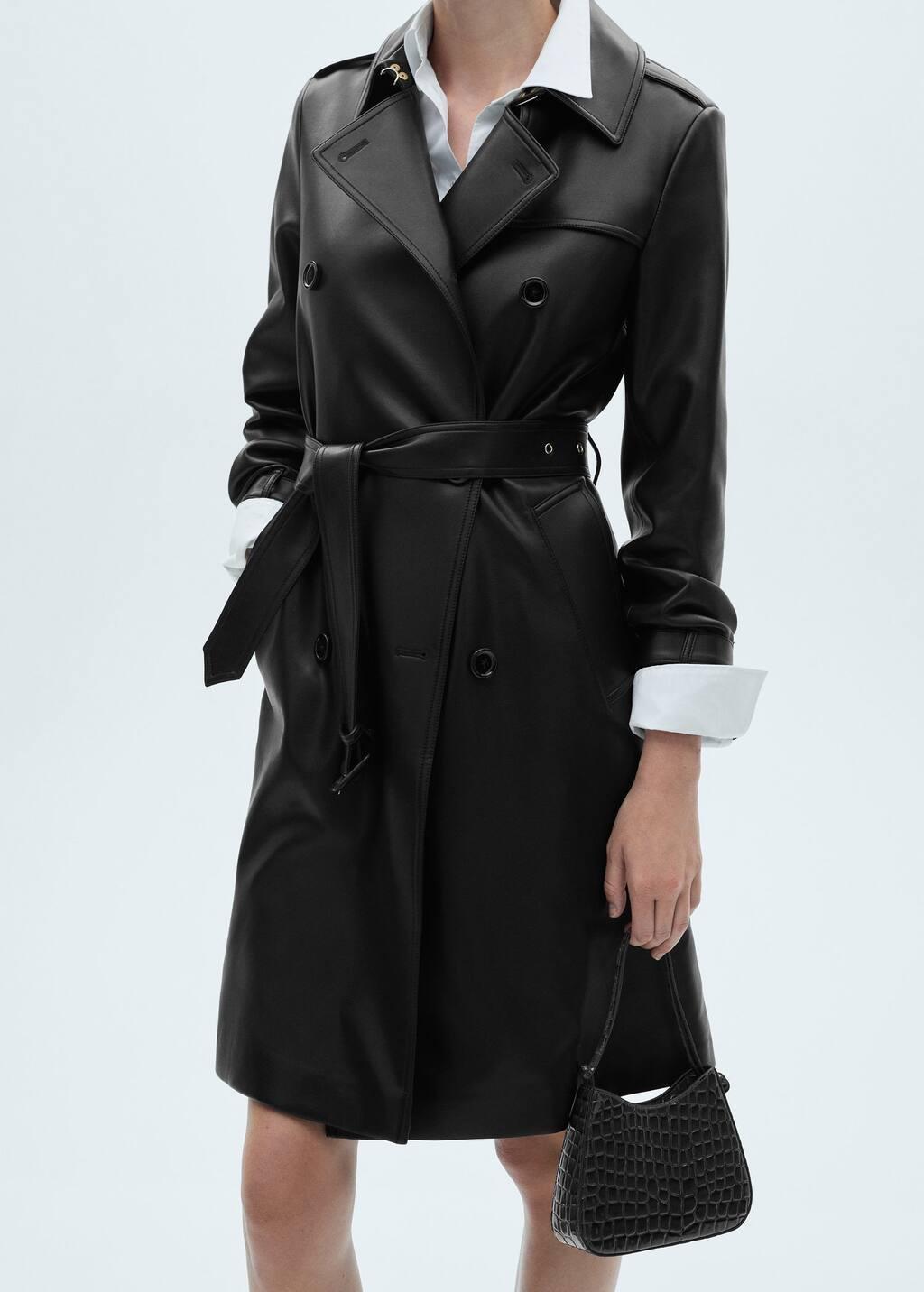 Black Leather-Effect Trench Coat, , large image number 0