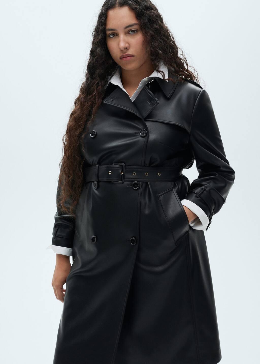 Black Leather-Effect Trench Coat, , large image number 5