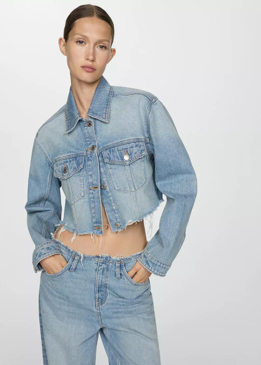 Blue Denim Jacket With Frayed Hem, , medium