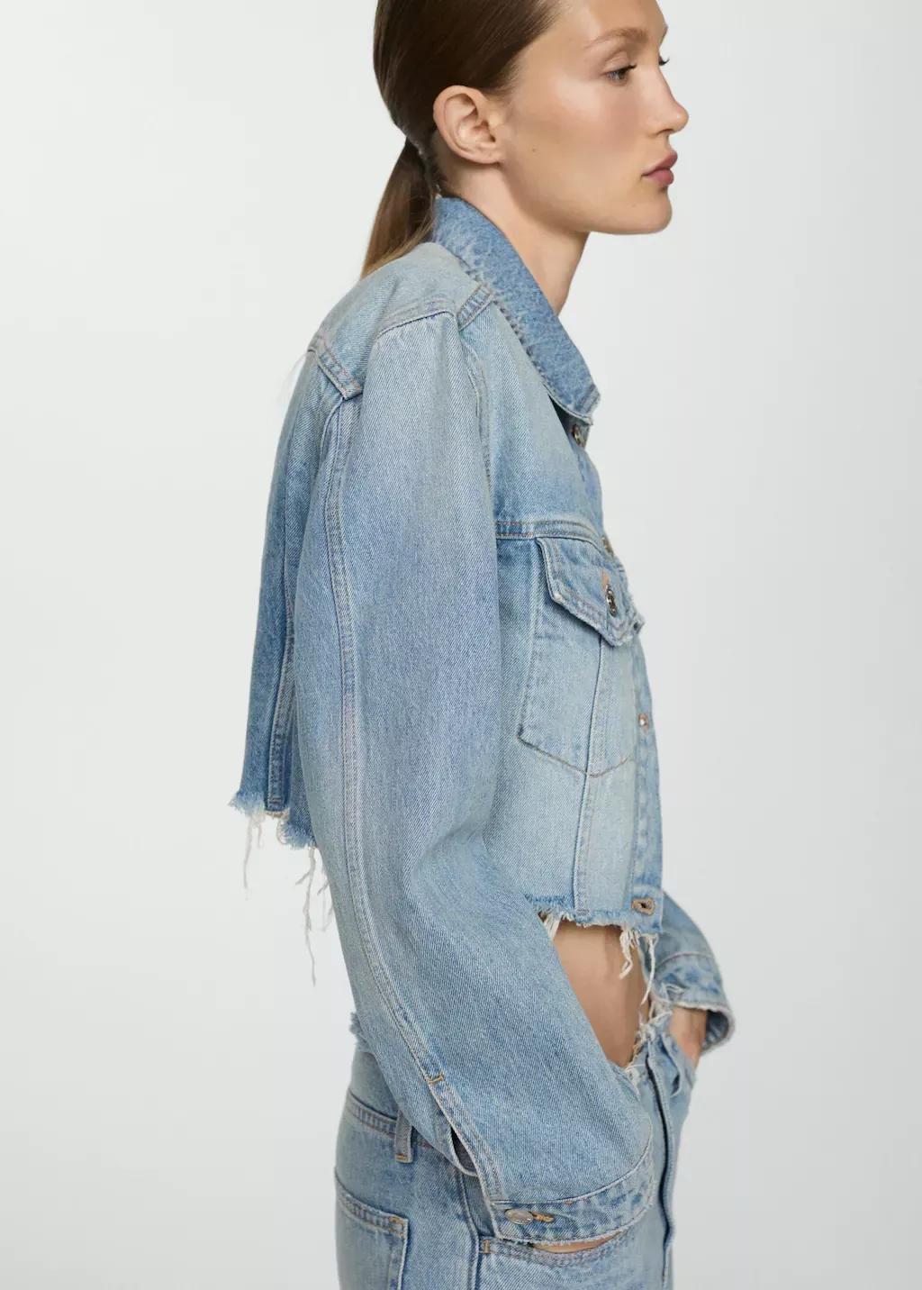 Blue Denim Jacket With Frayed Hem, , large image number 2
