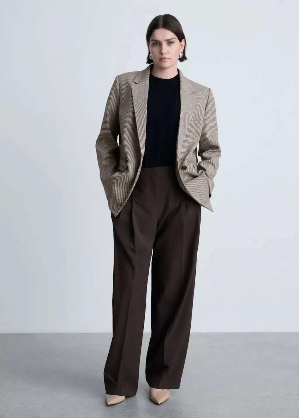 Brown Double-Breasted Blazer With Button, , large image number 5