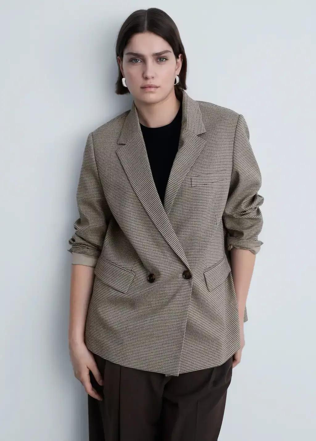 Brown Double-Breasted Blazer With Button, , large image number 9